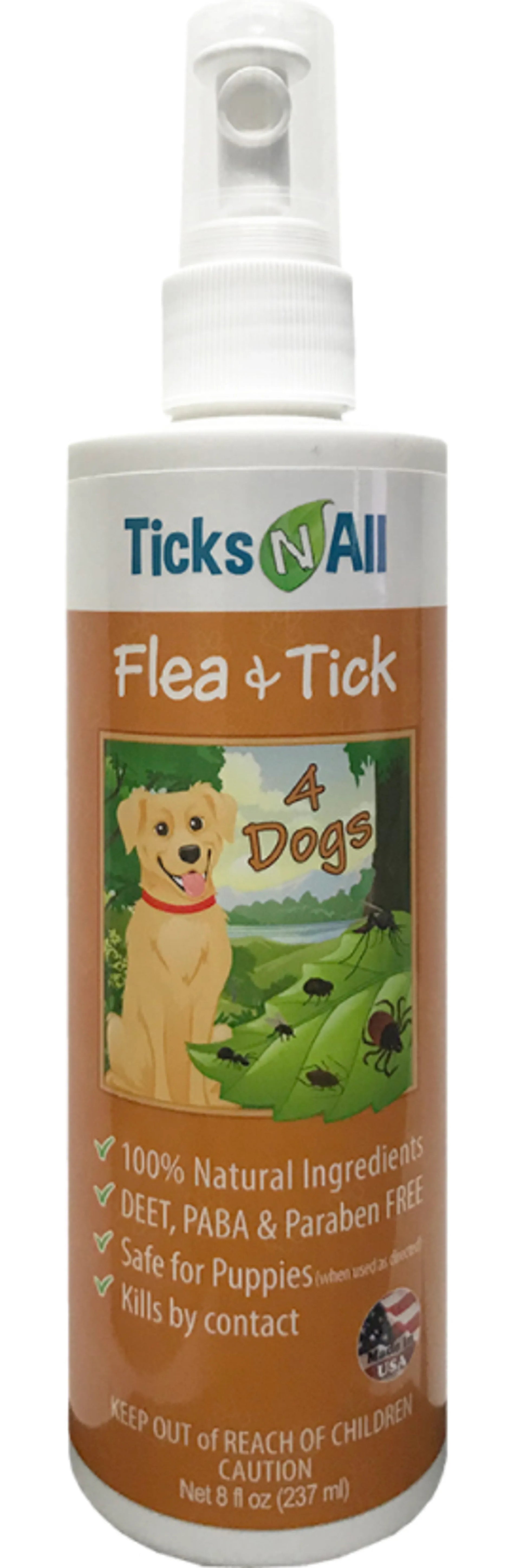 Ticks N All Flea & Tick spray for dogs on a white background